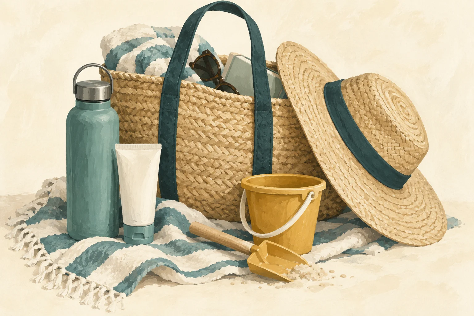 Painted illustration of a straw beach bag, striped towel, sun hat, water bottle, sunscreen and sand toys.