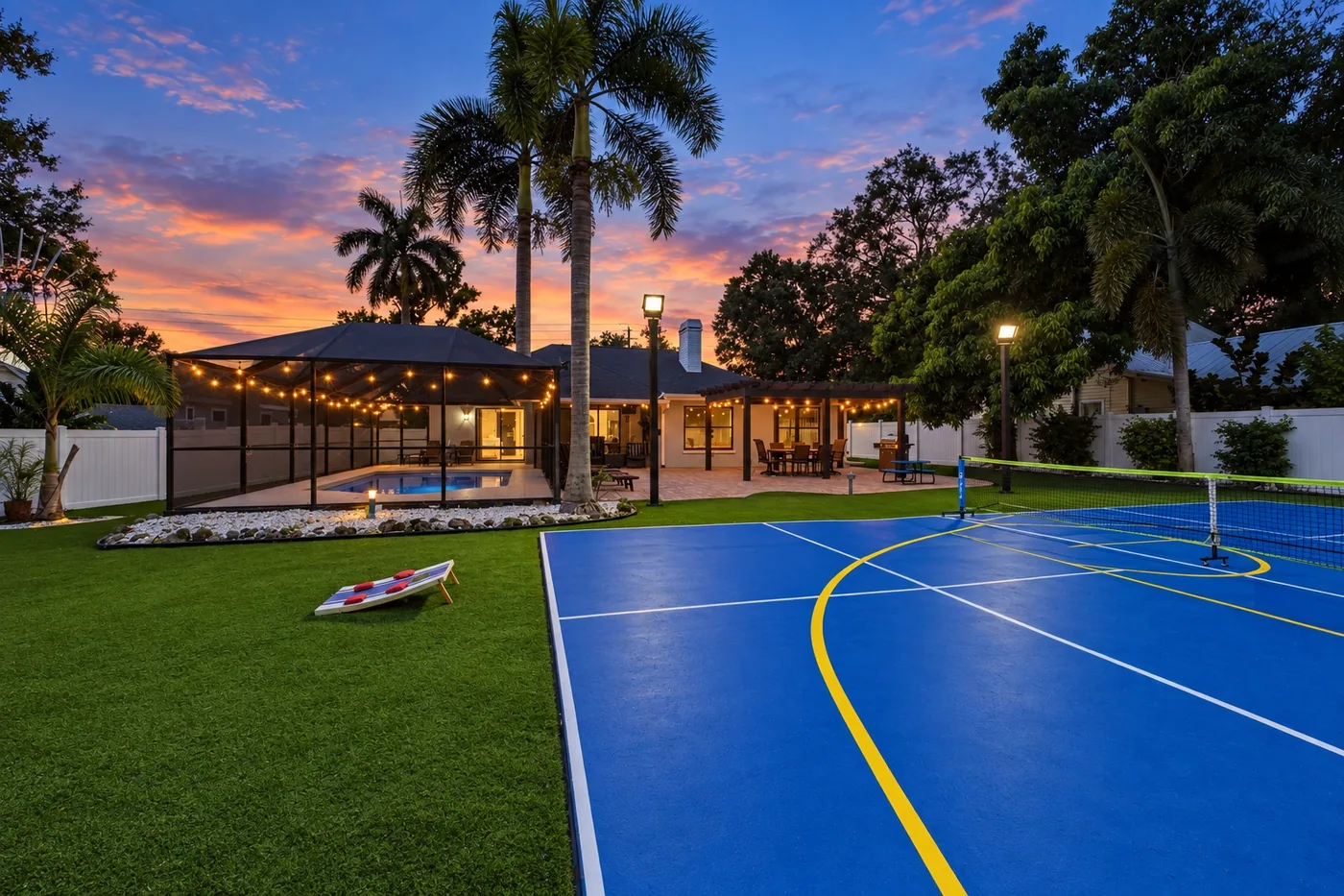 Pickleball Pool Home Retreat — Backyard, pool and pickleball court at sunset