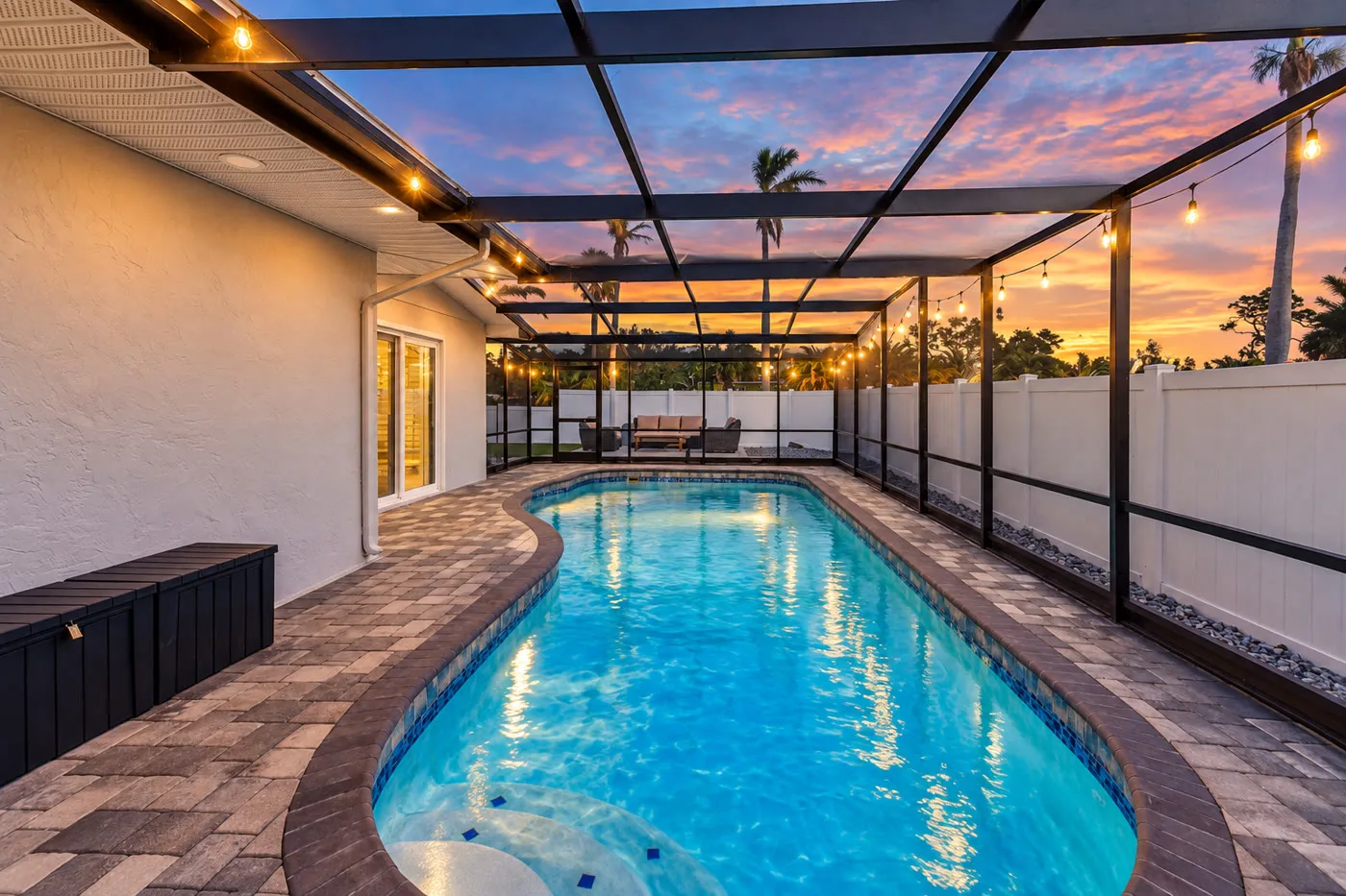 River House — Screened pool lit at dusk