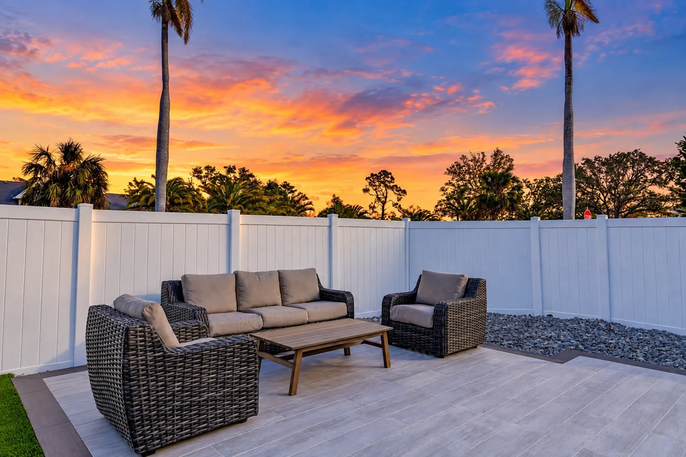 River House — Wicker lounge set on the patio at sunset