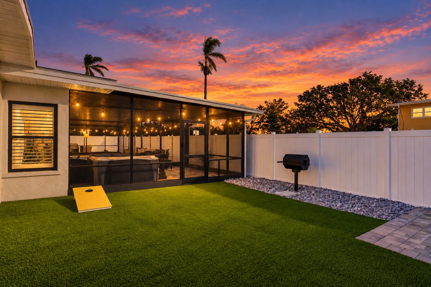 River House — Screened porch, spa, turf yard, and cornhole at dusk