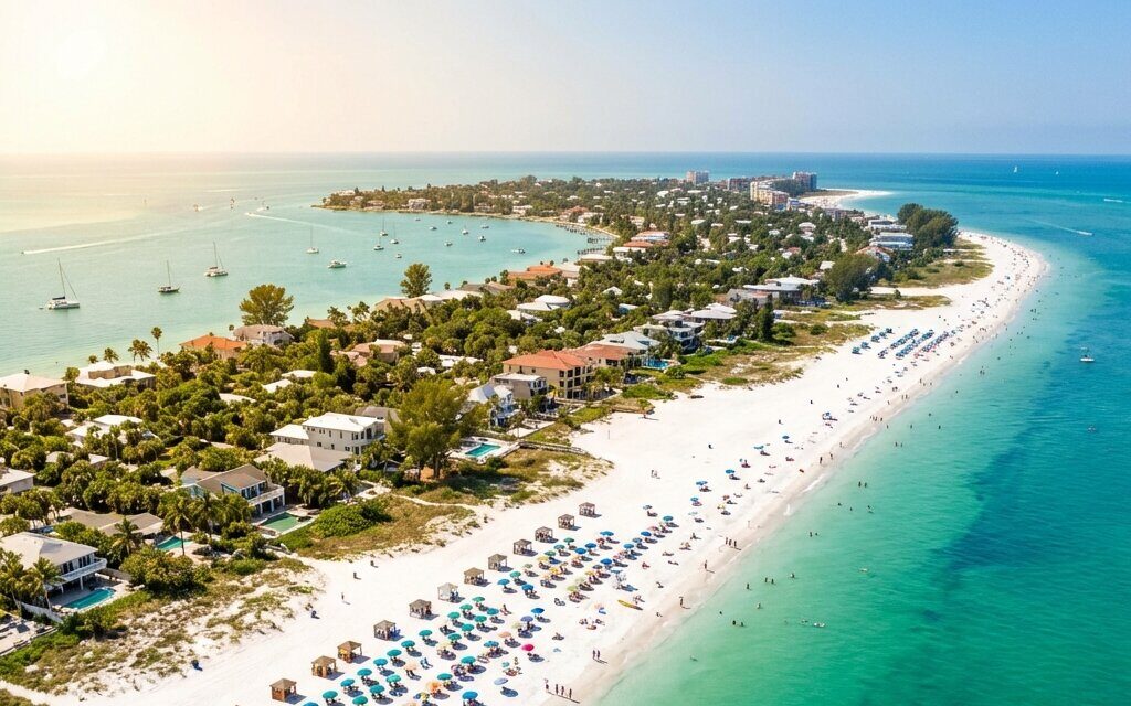 Aerial view of Siesta Key's white quartz sand beach and turquoise Gulf water